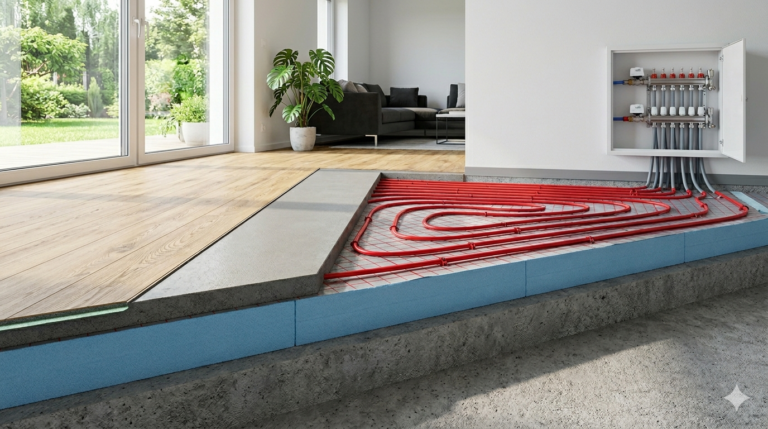 Grafika przedstawia profesjonalny przekrój techniczny nowoczesnego systemu wodnego ogrzewania podłogowego w realistycznym wnętrzu domu